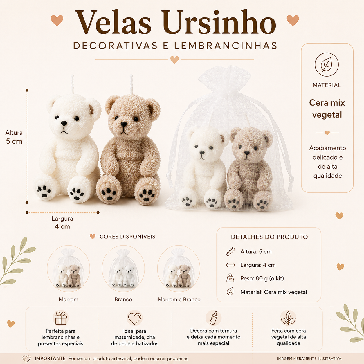 Kit 2 Velas Ursinho Artesanal Decorativas...