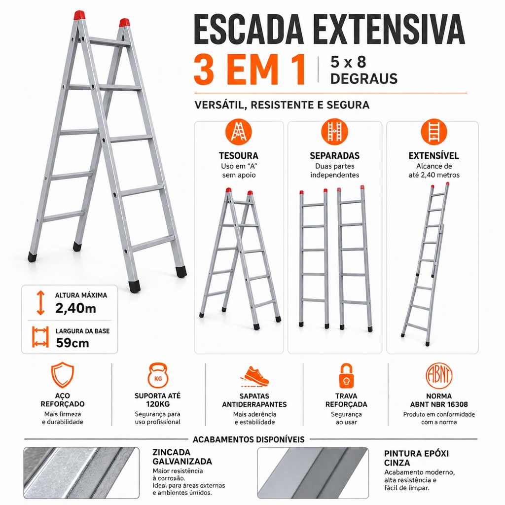 Escada Extensiva Aço 3 Em 1 5x8 Degraus  ...
