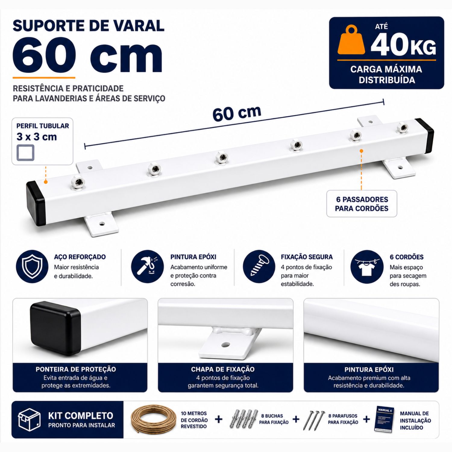 Kit 2 Suportes de Varal Fixo Frontal 60c ...