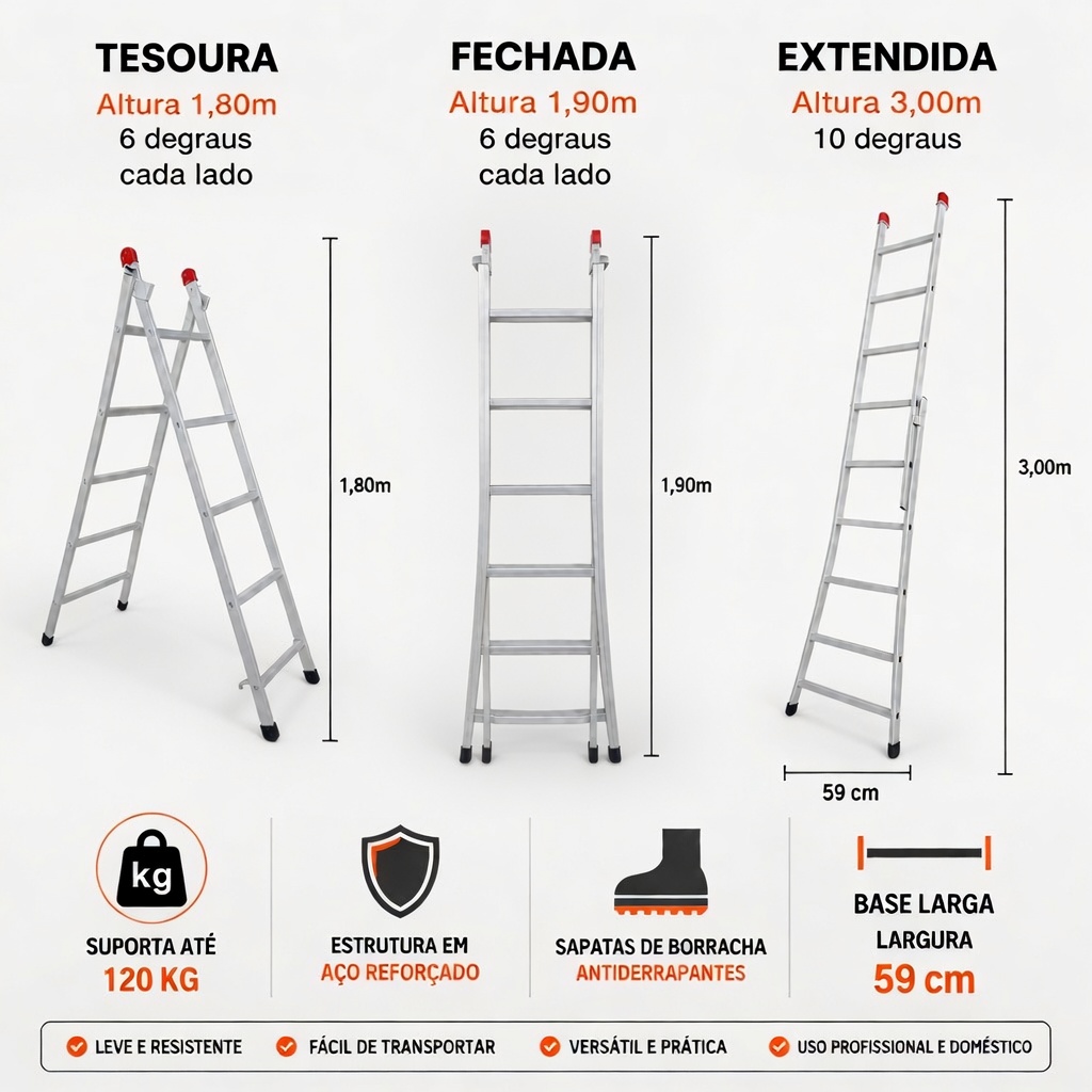 Escada Extensiva 3 em 1 Aço 6x10 Degraus ...
